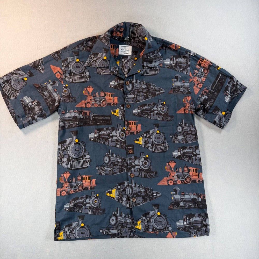 David Carey Originals Mens M Steam Locomotive Train Print Button Down Shirt Blue
